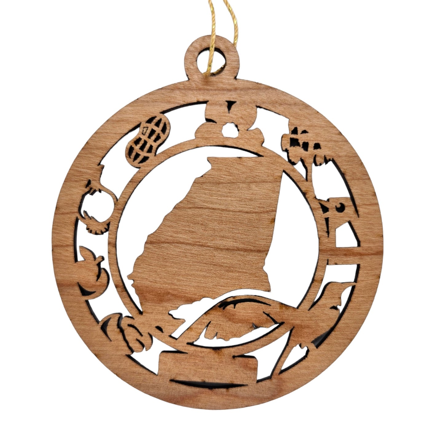 Georgia Wood Ornament - GA Souvenir - Handmade Wood Ornament Made in USA State Shape Peachtree Street Peanuts Spanish Moss Pecan