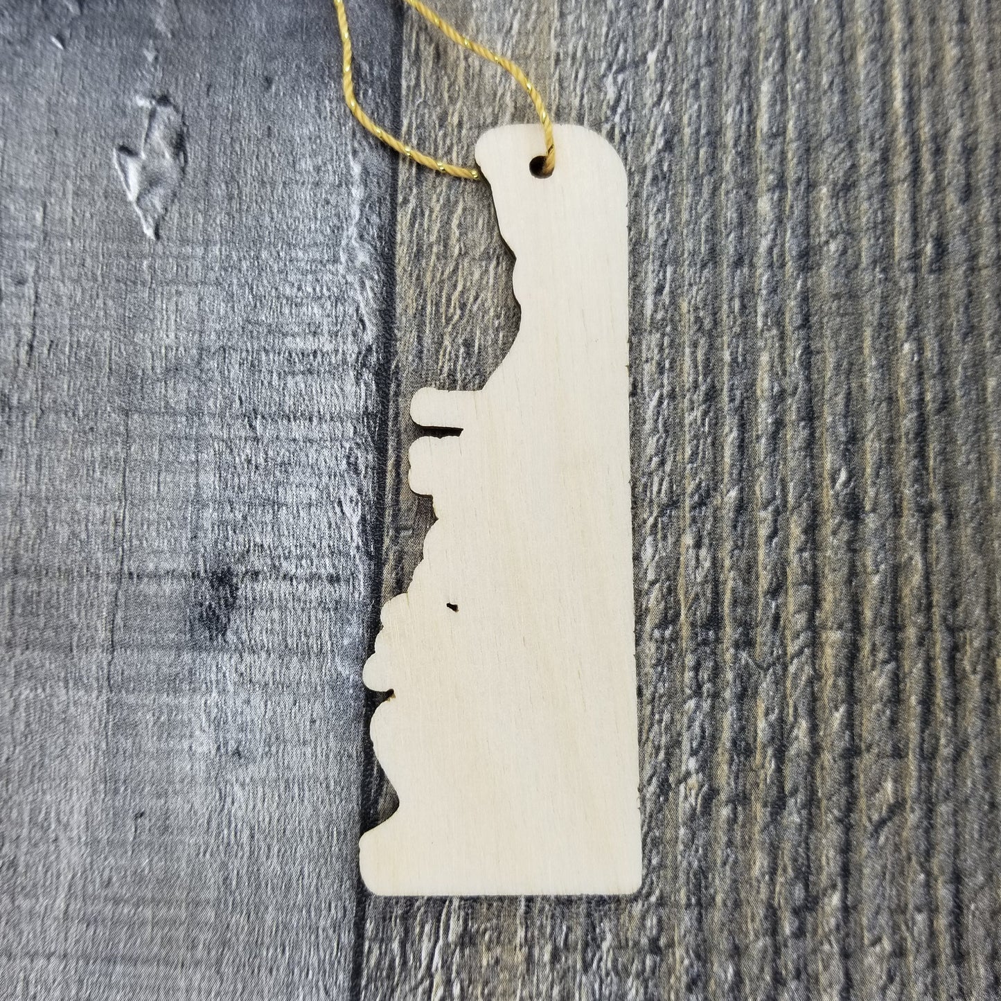 Delaware Wood Ornament - DE State Shape with State Motto Cutout - Handmade Wood Ornament Made in USA Christmas Decor