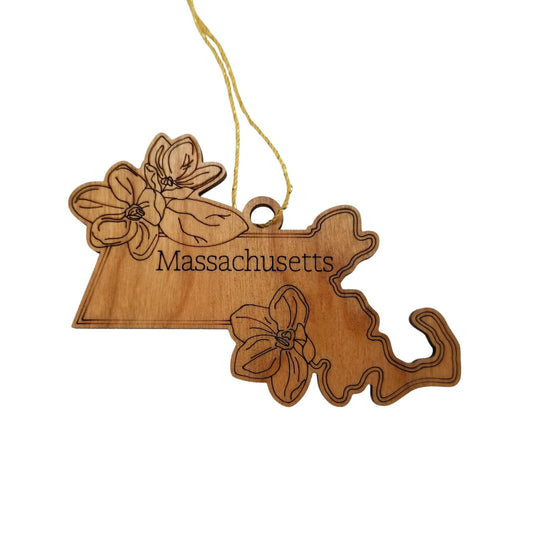 Massachusetts Wood Ornament - MA State Shape with State Flowers The Mayflower - Handmade Wood Ornament Made in USA Christmas Decor