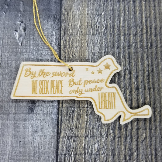 Massachusetts Wood Ornament - MA State Shape with State Motto - Handmade Wood Ornament Made in USA Christmas Decor
