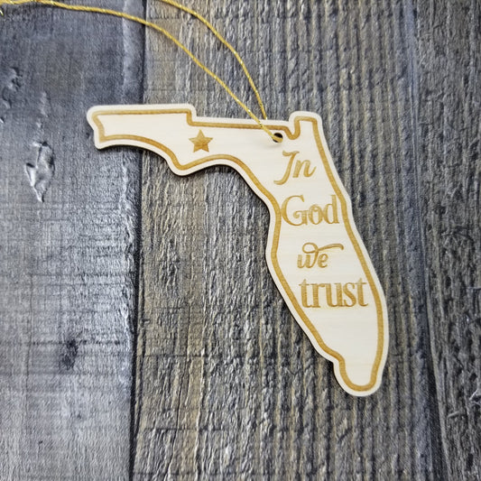 Florida Wood Ornament - FL State Shape with State Motto - Handmade Wood Ornament Made in USA Christmas Decor
