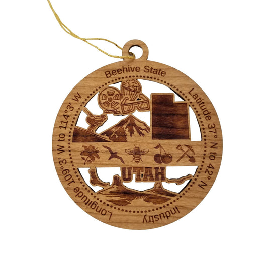 Utah Wood Ornament - UT Souvenir - Handmade Wood Ornament Made in USA State Shape Movie Theater Items Downhill Skiing Mountains Bee Cherry - 15596