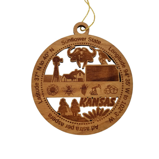 Kansas Wood Ornament - KS Souvenir - Handmade Wood Ornament Made in USA State Shape Windmill Barn Cowboys Bees Oil Drill Sunflower