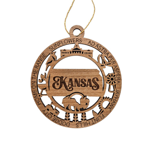Kansas Wood Ornament - KS Souvenir Handmade Wood Ornament Made in USA - State Shape - State Capitol - Western Meadowlark - Grill - Tractor