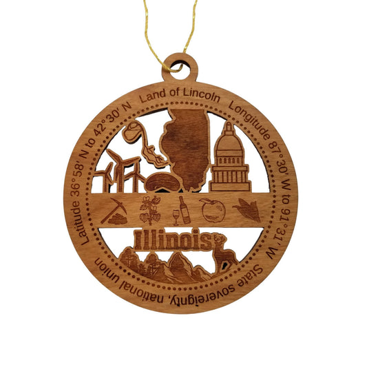 Illinois Wood Ornament - IL Souvenir - Handmade Wood Ornament Made in USA State Shape Wind Turbines Capitol Building Mining Wine Deer