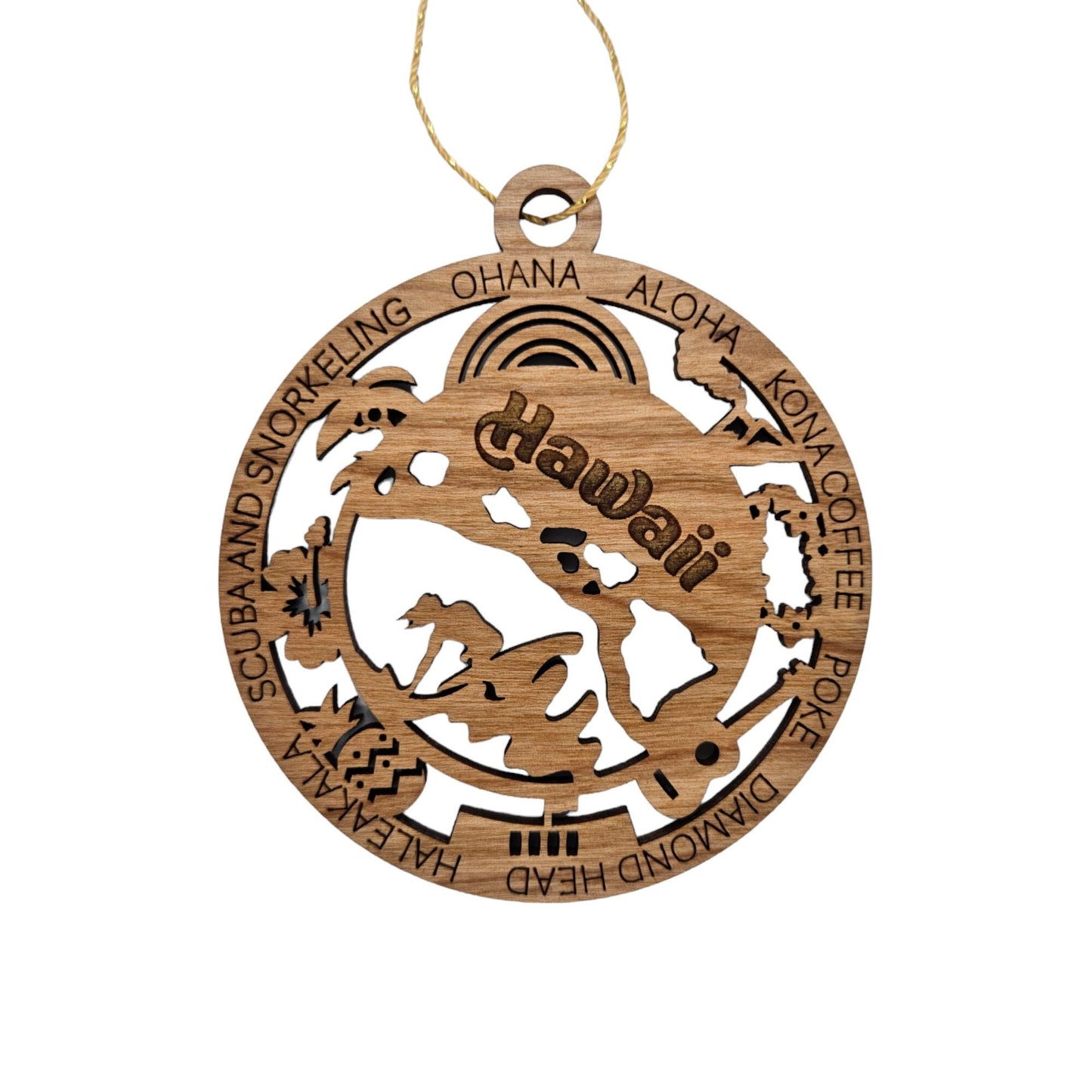 Hawaii Wood Ornament - HI Souvenir - Handmade Wood Ornament Made in USA State Shape Rainbow Coconut Tree Hibiscus Pineapple Pearl Harbor