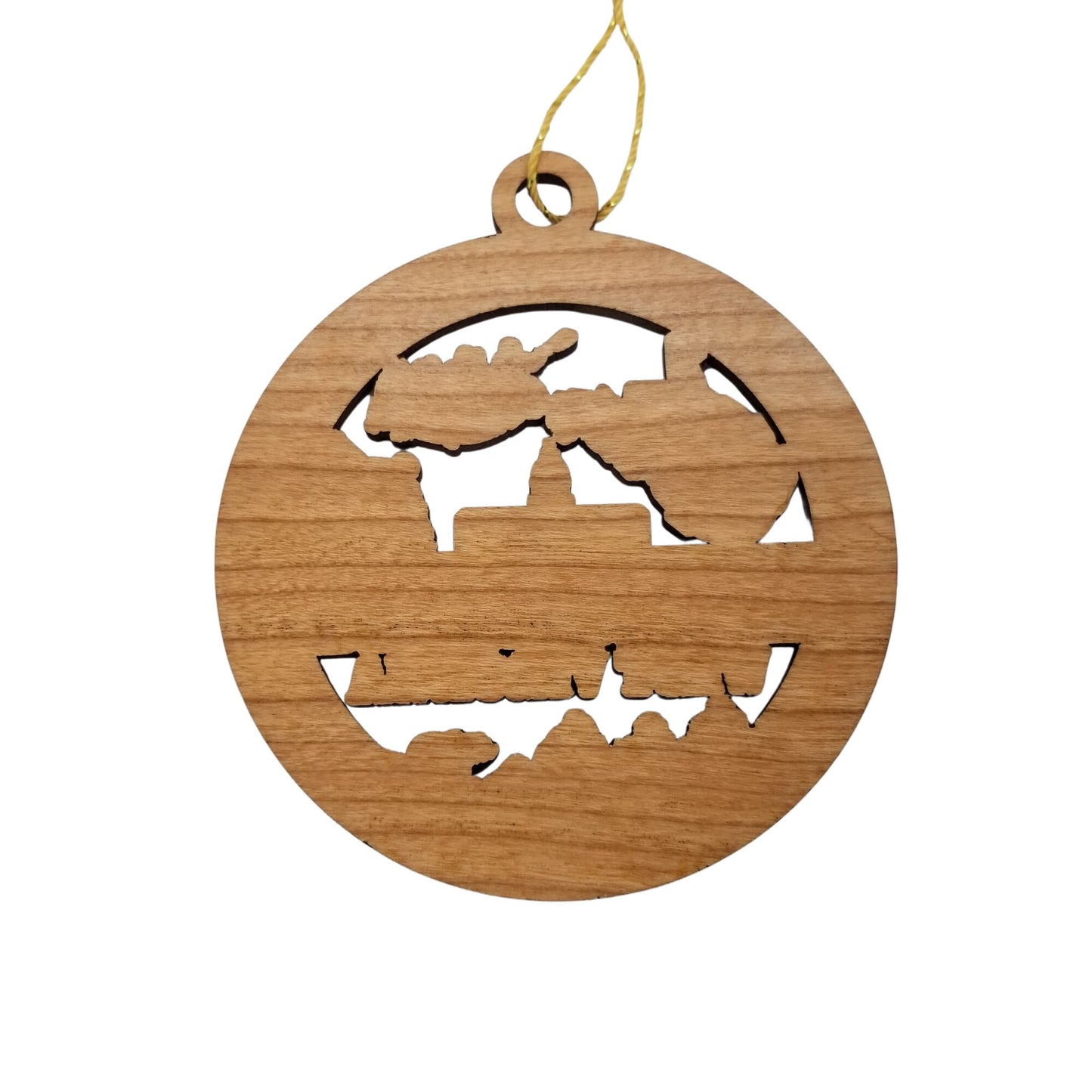 West Virginia Wood Ornament - WV Souvenir - Handmade Wood Ornament Made in USA State Shape Skiing Capitol Building Rowing Boating