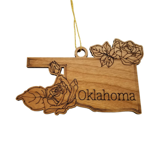 Oklahoma Wood Ornament - OK State Shape with State Flowers Oklahoma Rose - Handmade Wood Ornament Made in USA Christmas Decor