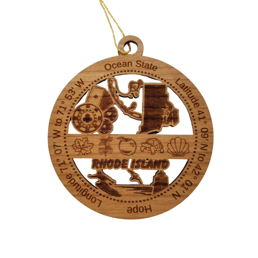 Rhode Island Wood Ornament - RI Souvenir - Handmade Wood Ornament Made in USA State Shape Gambling Cards Fishing Pole Lighthouse Maple Leaf