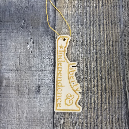 Delaware Wood Ornament - DE State Shape with State Motto Cutout - Handmade Wood Ornament Made in USA Christmas Decor