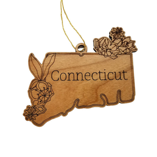 Connecticut Wood Ornament - CT State Shape with State Flowers Mountain Laurel - Handmade Wood Ornament Made in USA Christmas Decor