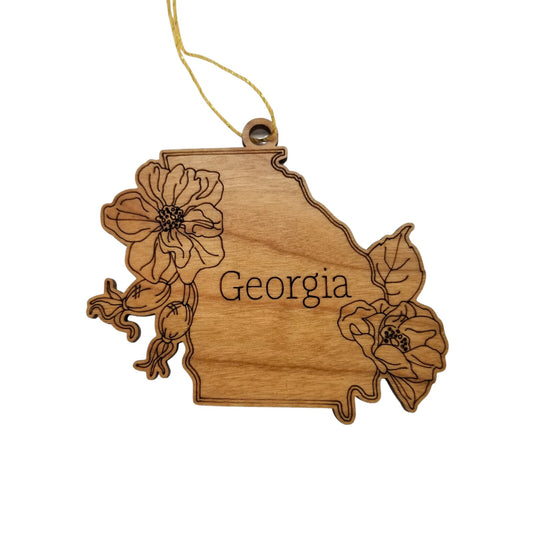 Georgia Wood Ornament - GA State Shape with State Flowers Cherokee Rose - Handmade Wood Ornament Made in USA Christmas Decor