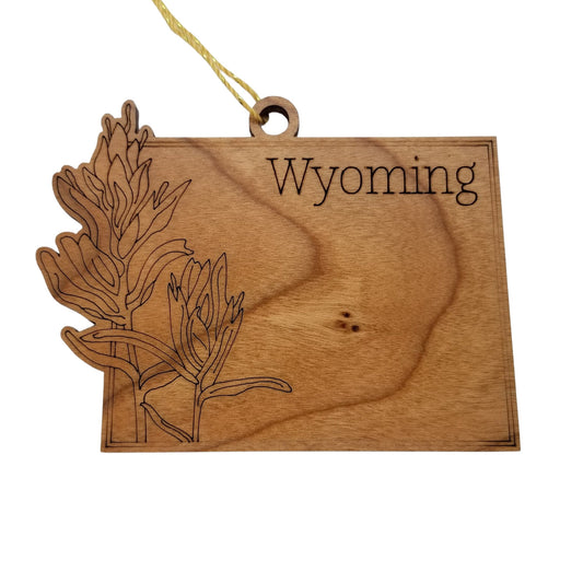 Wyoming Wood Ornament - WY State Shape with State Flowers Indian Paintbrush - Handmade Wood Ornament Made in USA Christmas Decor
