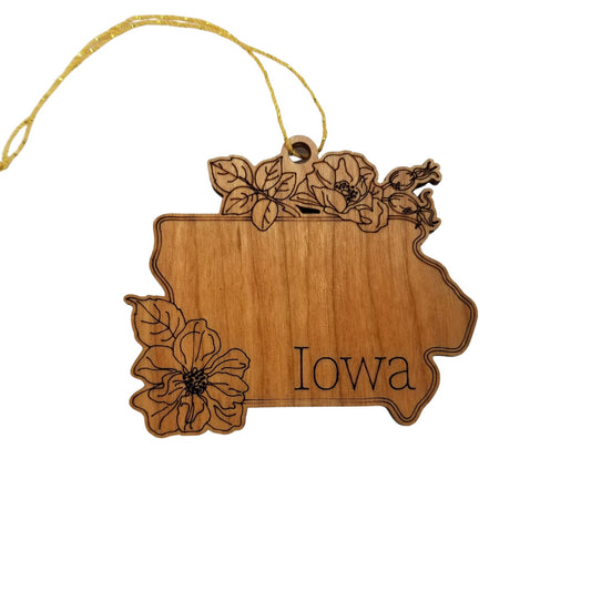 Iowa Wood Ornament - IA State Shape with State Flowers Prairie Rose - Handmade Wood Ornament Made in USA Christmas Decor