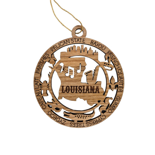 Louisiana Wood Ornament - LA State Souvenir - Handmade Wood Ornament Made in USA State Shape Skyline Iris Flower Crawfish Mardis Gras Mask