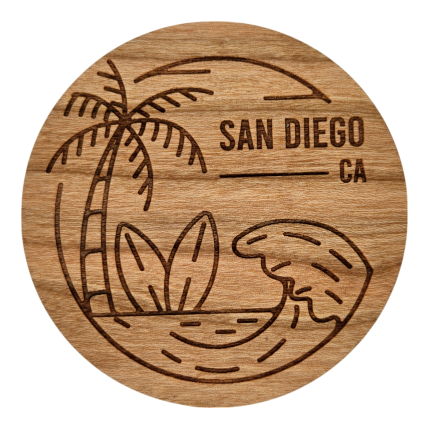 San Diego CA Beach Scene Surfboard Palm Trees Wood Magnet Souvenir - M15424