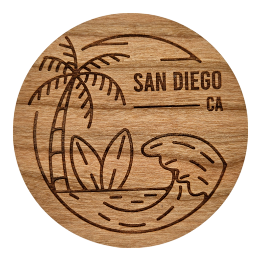 San Diego CA Beach Scene Surfboard Palm Trees Wood Magnet Souvenir - M15424