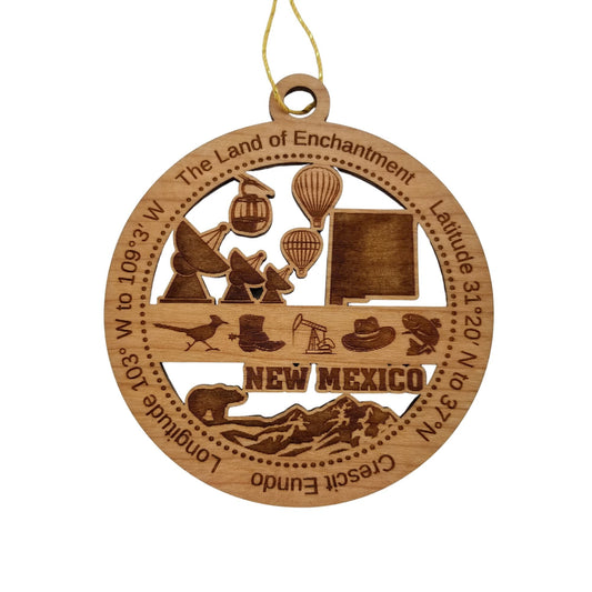 New Mexico Wood Ornament - NM Souvenir - Handmade in USA State Shape Hot Air Balloons Sky Tram Satellites Roadrunner - 15595