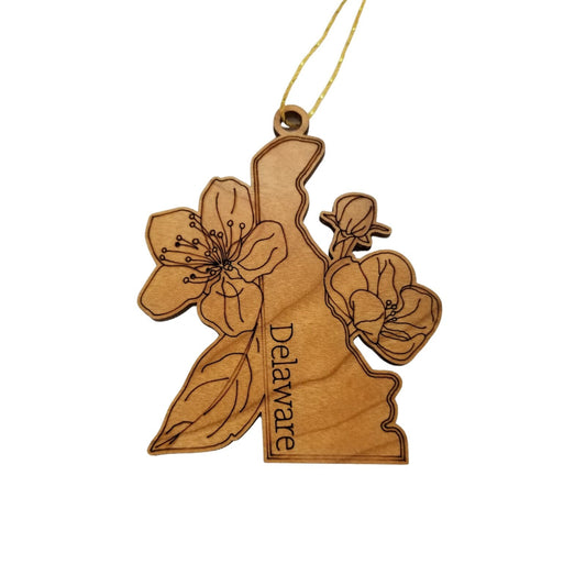 Delaware Wood Ornament - DE State Shape with State Flowers Peach Blossoms - Handmade Wood Ornament Made in USA Christmas Decor