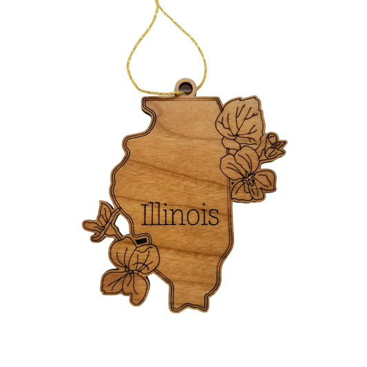 Illinois Wood Ornament - IL State Shape with State Flowers Common Blue Violets - Handmade Wood Ornament Made in USA Christmas Decor