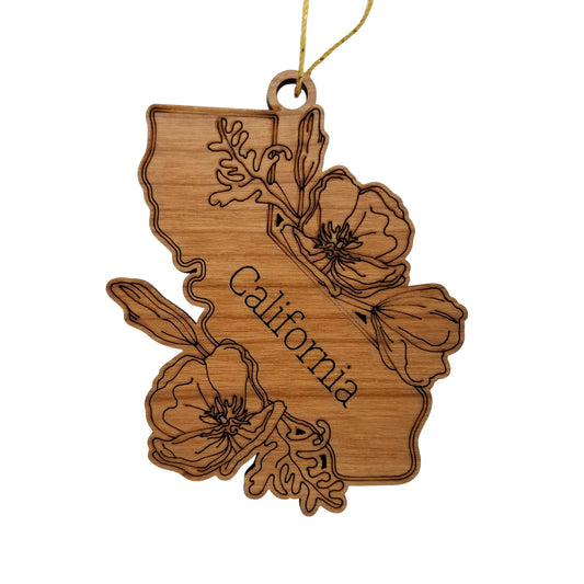 California Wood Ornament - State Shape with State Flowers Poppies CA - Handmade Wood Ornament Made in USA Christmas Decor