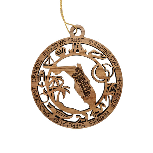 Florida Wood Ornament - FL Souvenir - Handmade Wood Ornament Made in USA State Shape Palm Trees Shell Sailboat Shuttle Flamingo Dolphin