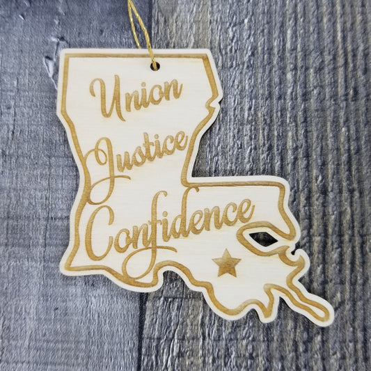Louisiana Wood Ornament - LA State Shape with State Motto - Handmade Wood Ornament Made in USA Christmas Decor