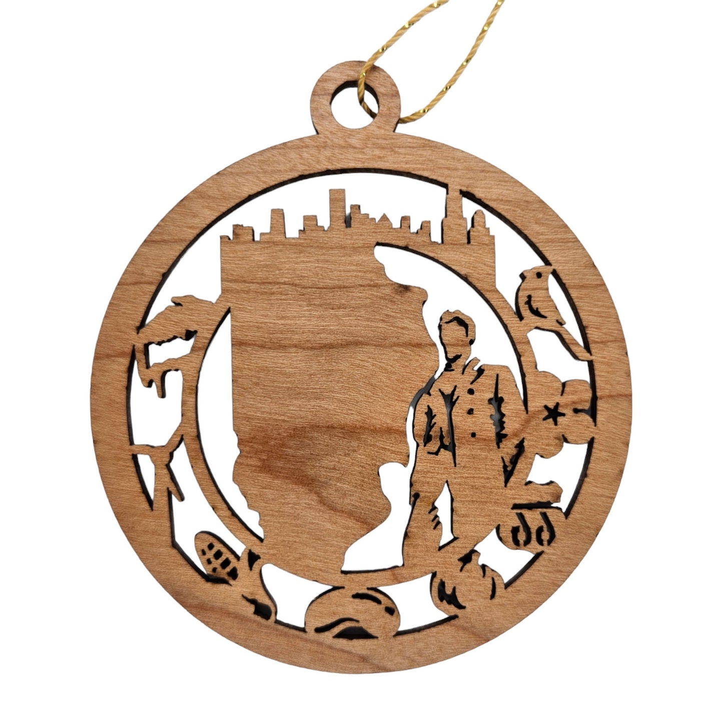 Illinois Wood Ornament - IL Souvenir - Handmade Wood Ornament Made in USA State Shape Skyline Cardinal Blue Violet Route 66 Pumpkin