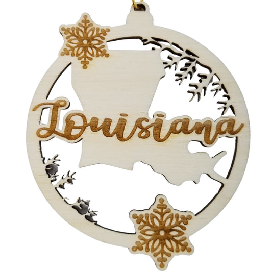 Louisiana Wood Ornament - LA State Shape with Snowflakes Cutout - Handmade Wood Ornament Made in USA Christmas Decor
