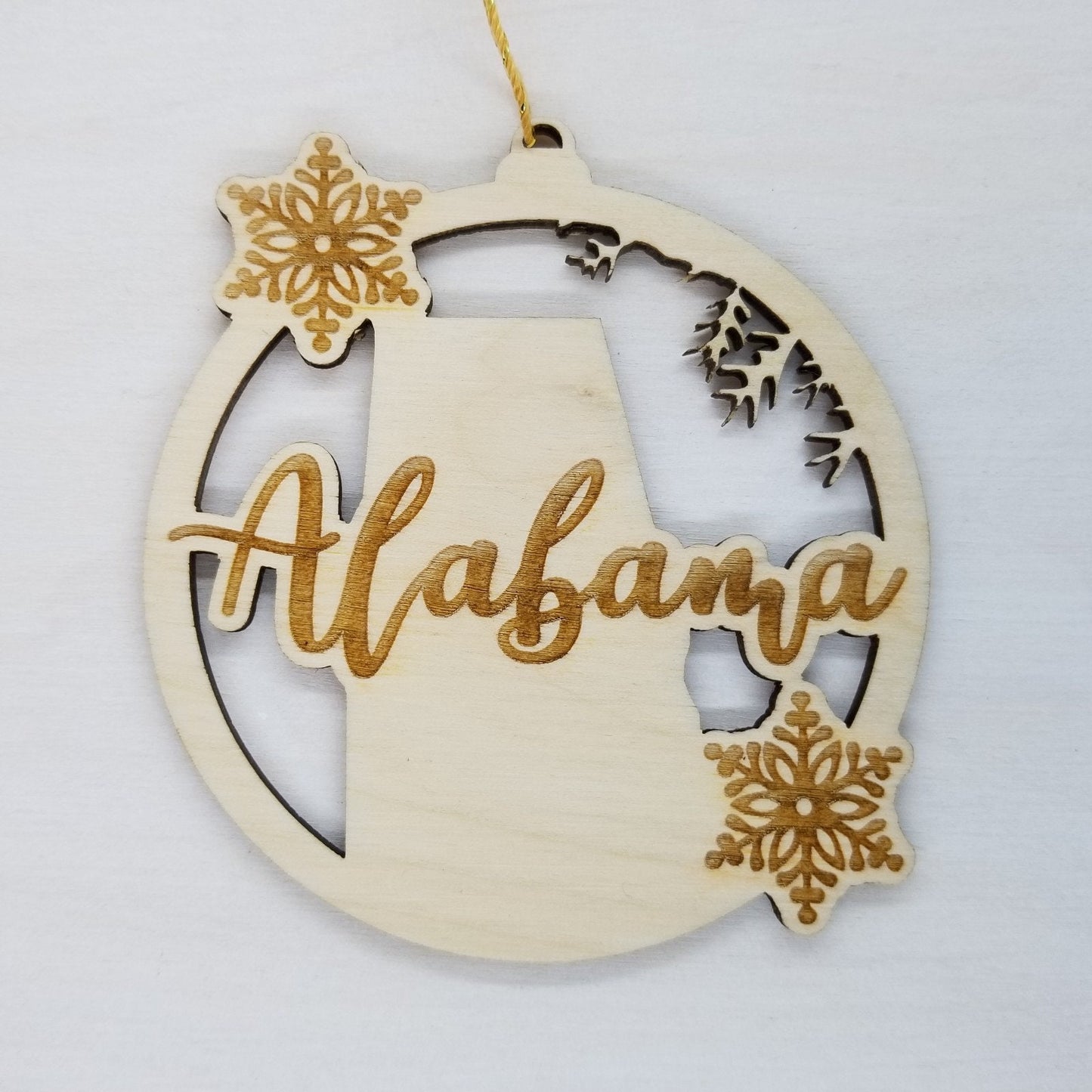 Alabama Wood Ornament - AL State Shape with Snowflakes Cutout - Handmade Wood Ornament Made in USA Christmas Decor