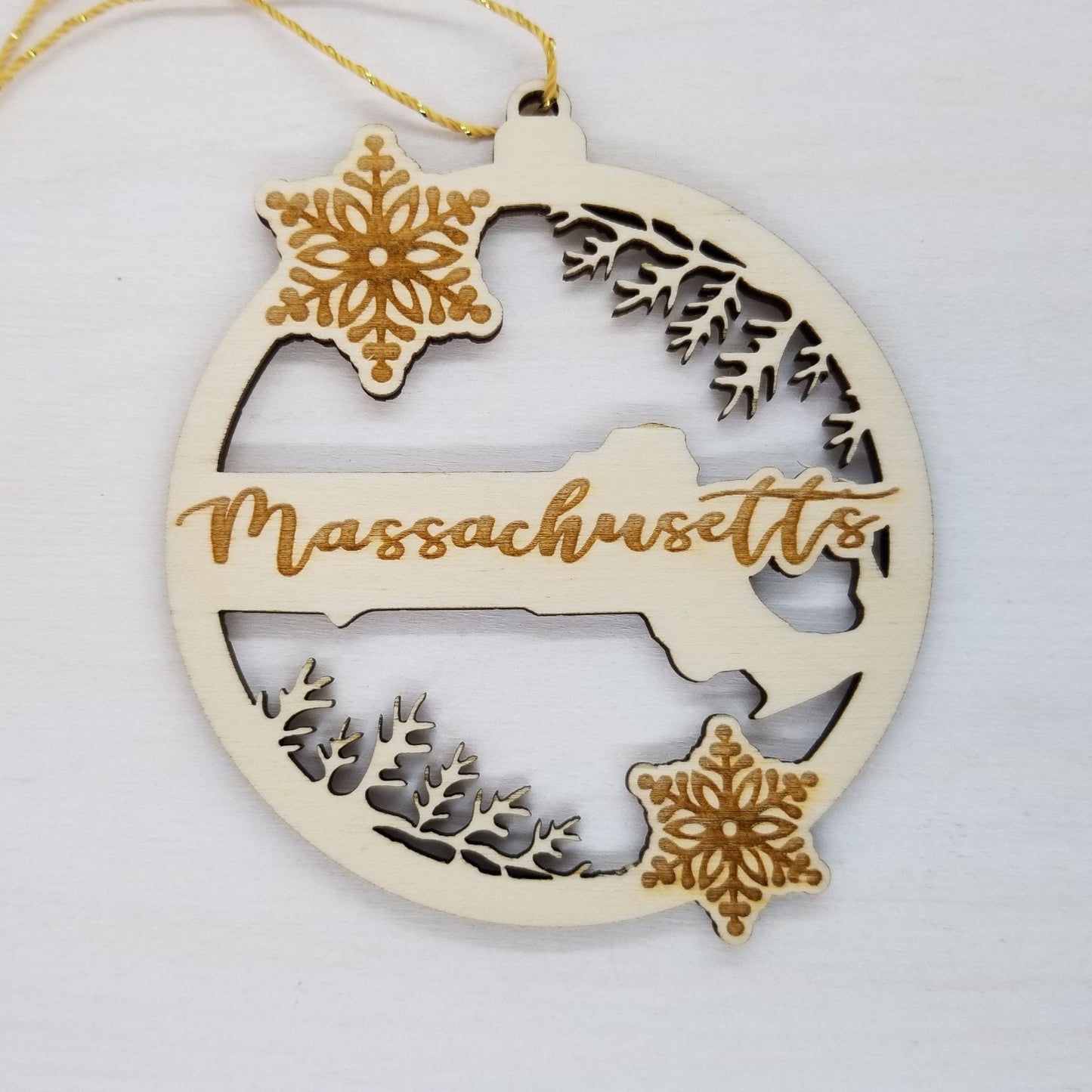 Massachusetts Wood Ornament - State Shape with Snowflakes MA Cutout - Handmade Wood Ornament Made in USA Christmas Decor