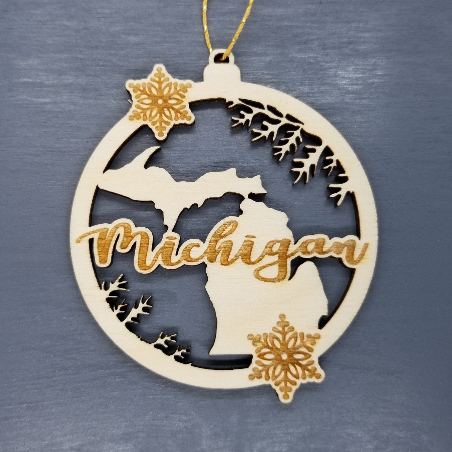Michigan Wood Ornament - MI State Shape with Snowflakes Cutout - Handmade Wood Ornament Made in USA Christmas Decor