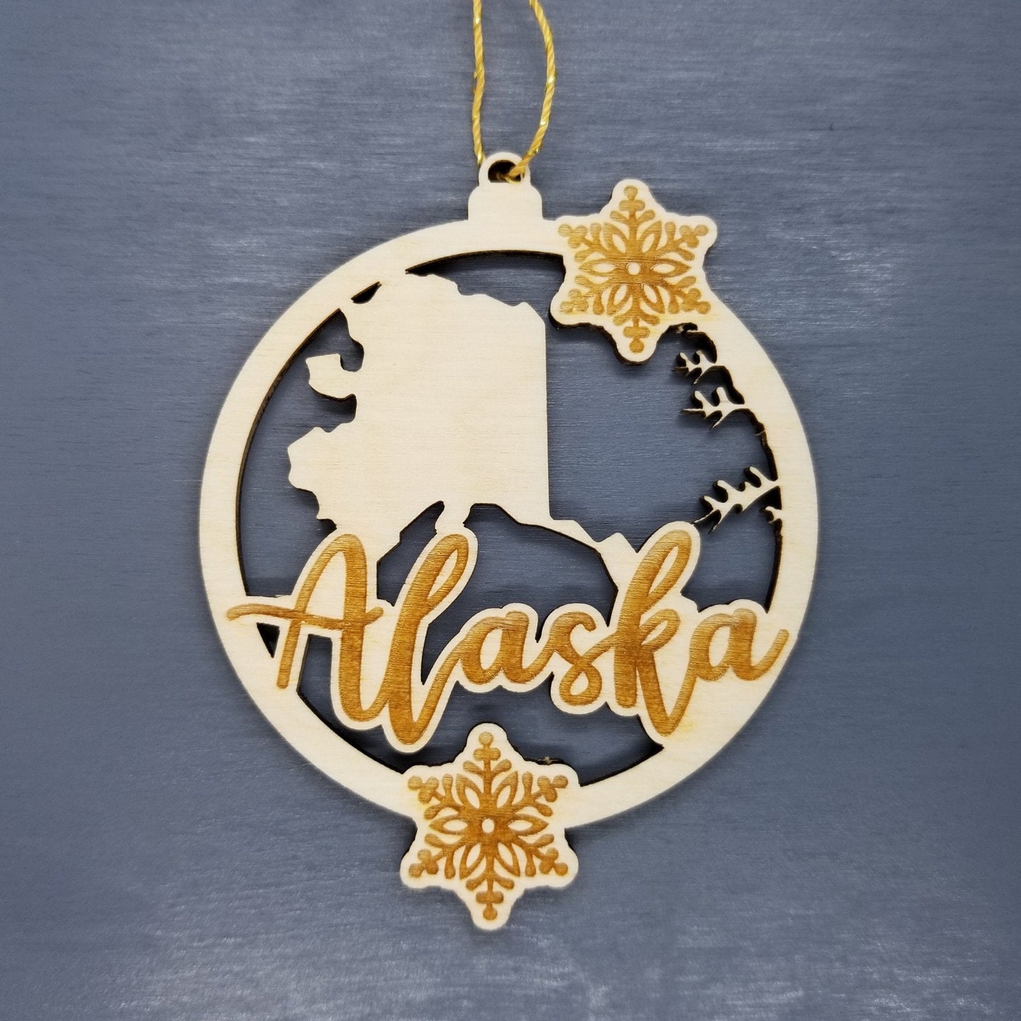 Alaska Wood Ornament - State Shape with Snowflakes AK Cutout - Handmade Wood Ornament Made in USA Christmas Decor