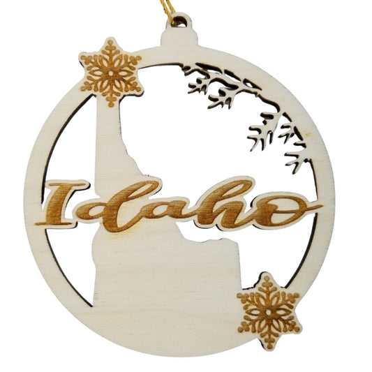 Idaho Wood Ornament - ID State Shape with Snowflakes Cutout - Handmade Wood Ornament Made in USA Christmas Decor