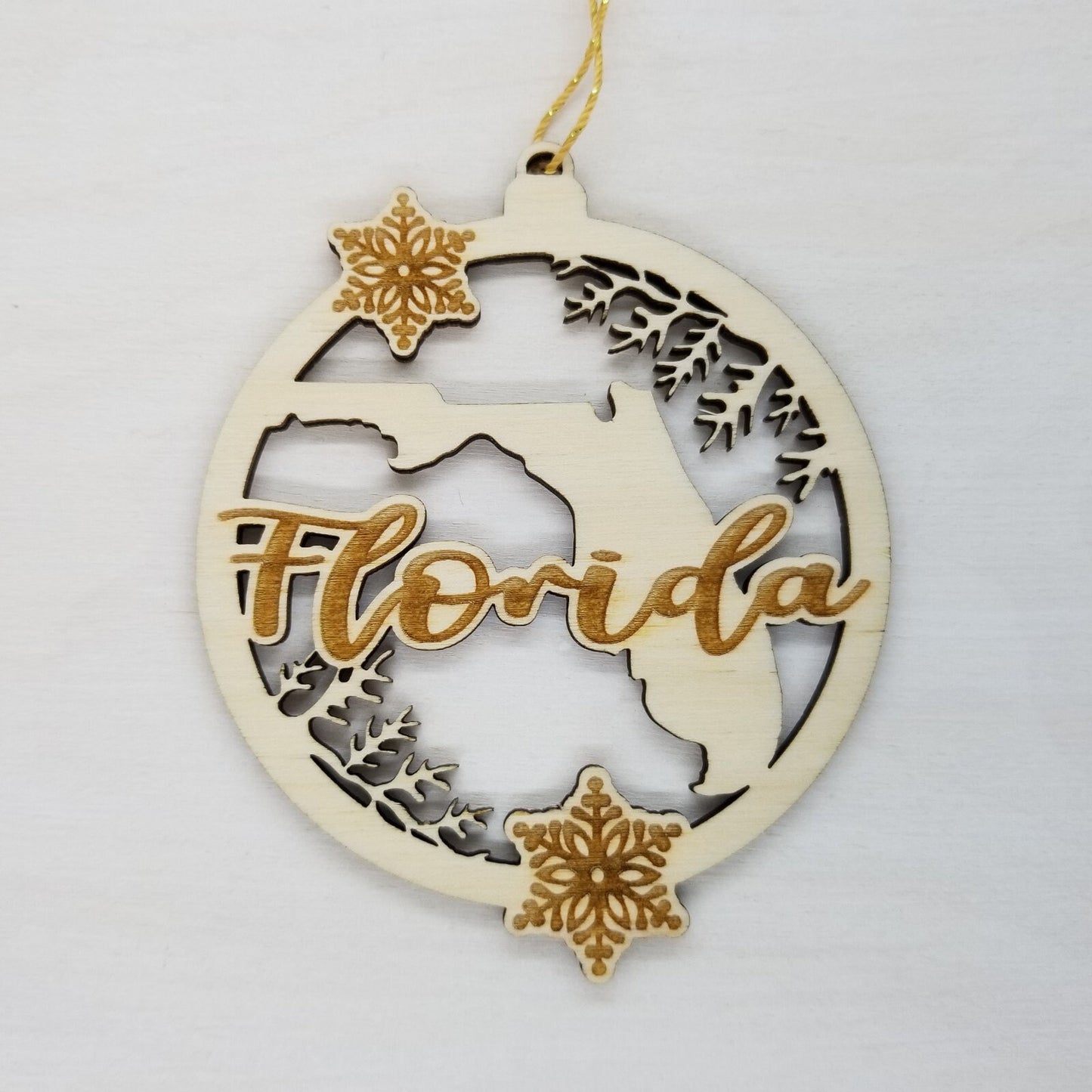 Florida Wood Ornament - FL State Shape with Snowflakes Cutout - Handmade Wood Ornament Made in USA Christmas Decor