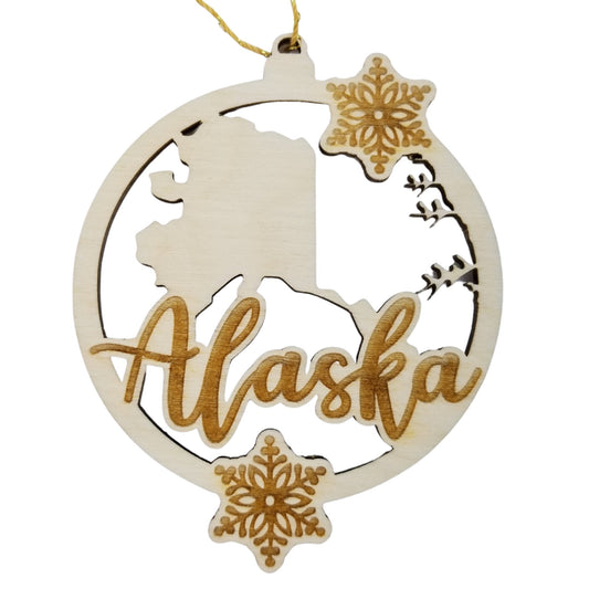 Alaska Wood Ornament - State Shape with Snowflakes AK Cutout - Handmade Wood Ornament Made in USA Christmas Decor