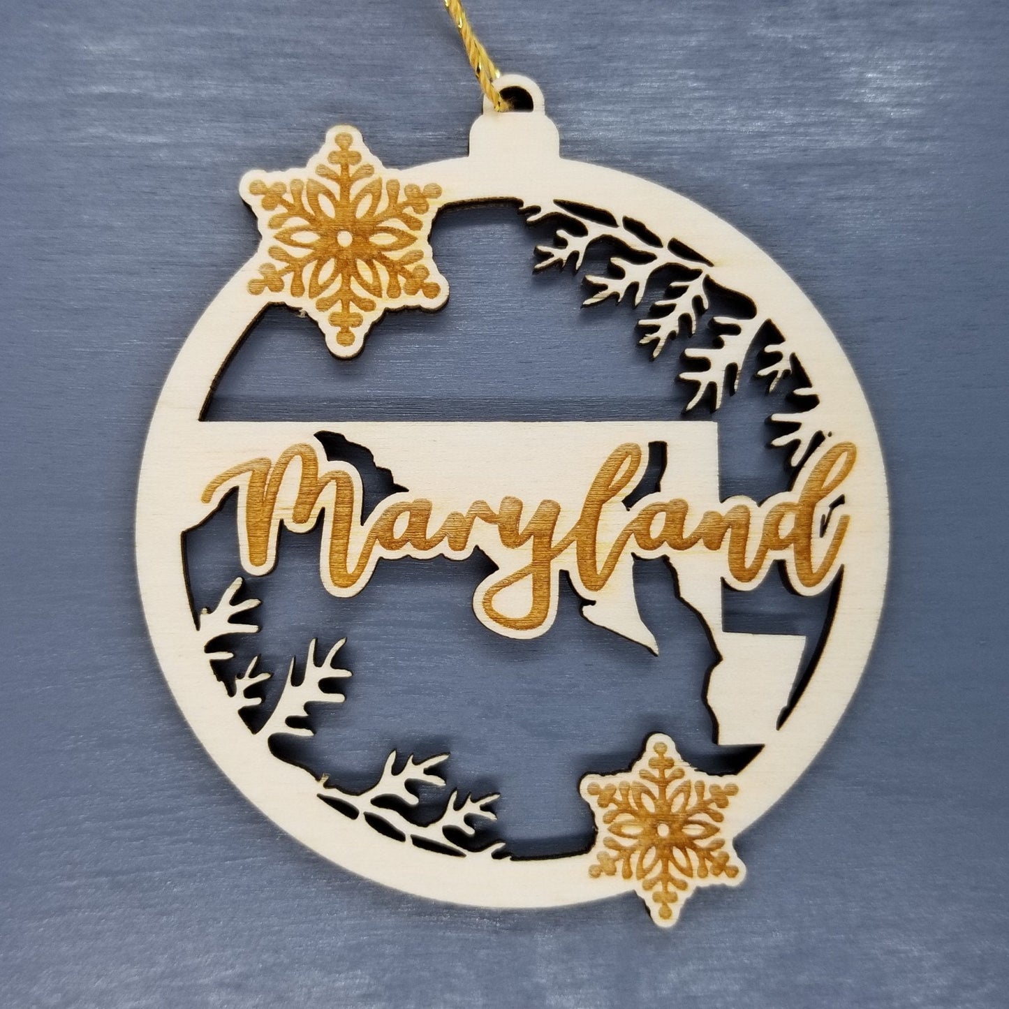 Maryland Wood Ornament - State Shape with Snowflakes Cutout MD - Handmade Wood Ornament Made in USA Christmas Decor