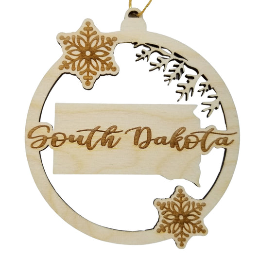 South Dakota Wood Ornament - SD State Shape with Snowflakes Cutout - Handmade Wood Ornament Made in USA Christmas Decor