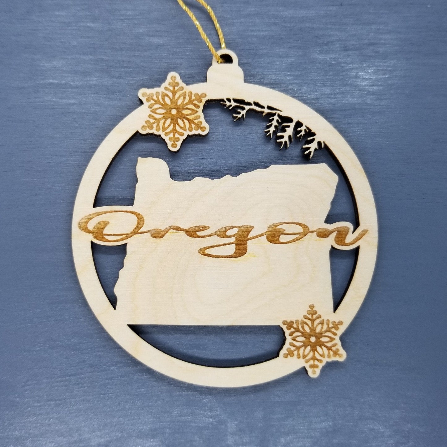 Oregon Wood Ornament - State Shape with Snowflakes Cutout OR - Handmade Wood Ornament Made in USA Christmas Decor