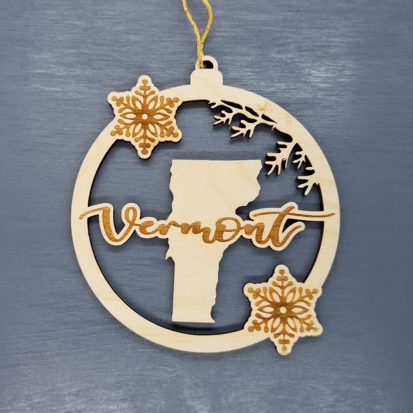 Vermont Wood Ornament - VT State Shape with Snowflakes Cutout - Handmade Wood Ornament Made in USA Christmas Decor