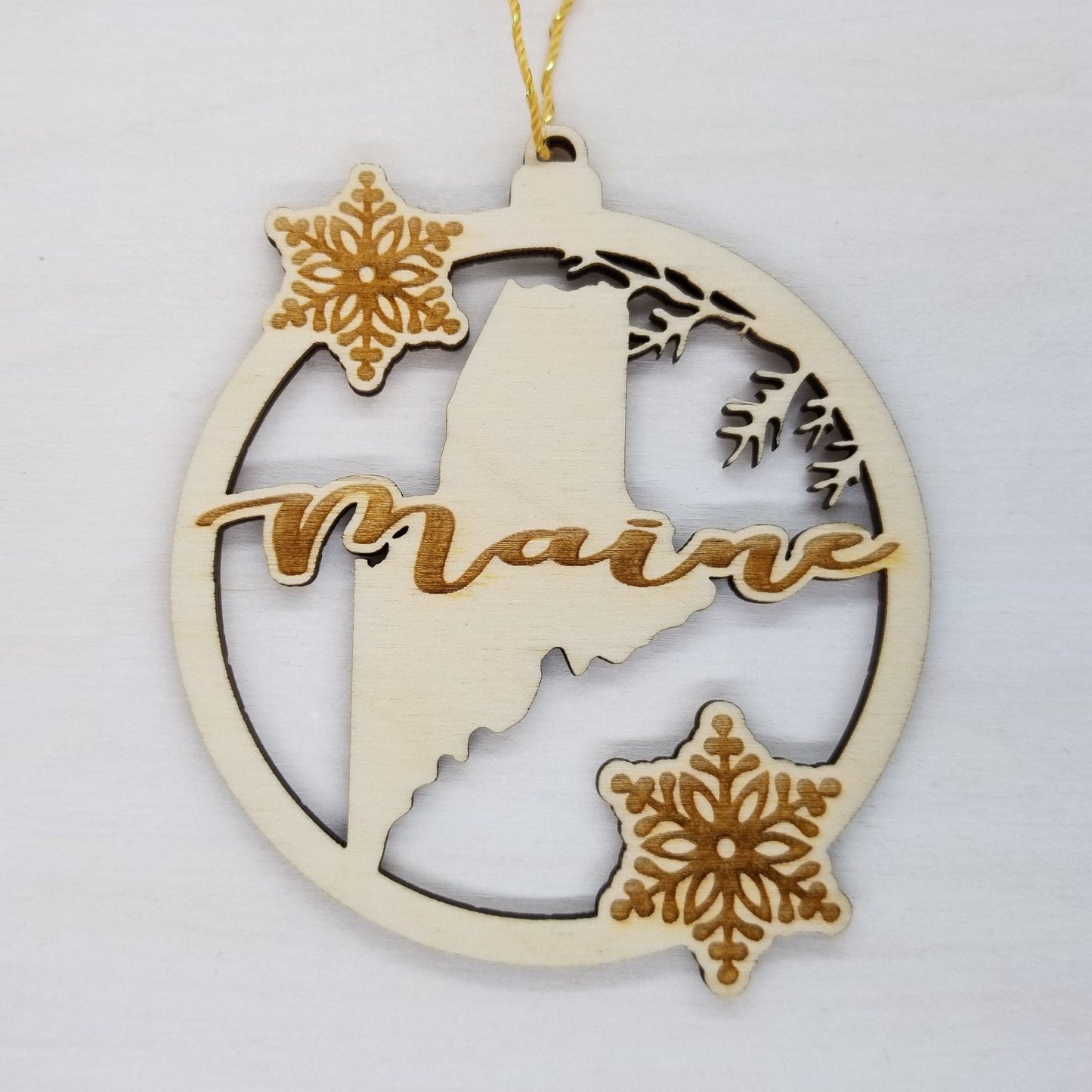 Maine Wood Ornament - State Shape with Snowflakes Cutout ME - Handmade Wood Ornament Made in USA Christmas Decor