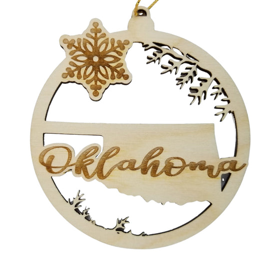 Oklahoma Wood Ornament - State Shape with Snowflakes OK Cutout - Handmade Wood Ornament Made in USA Christmas Decor