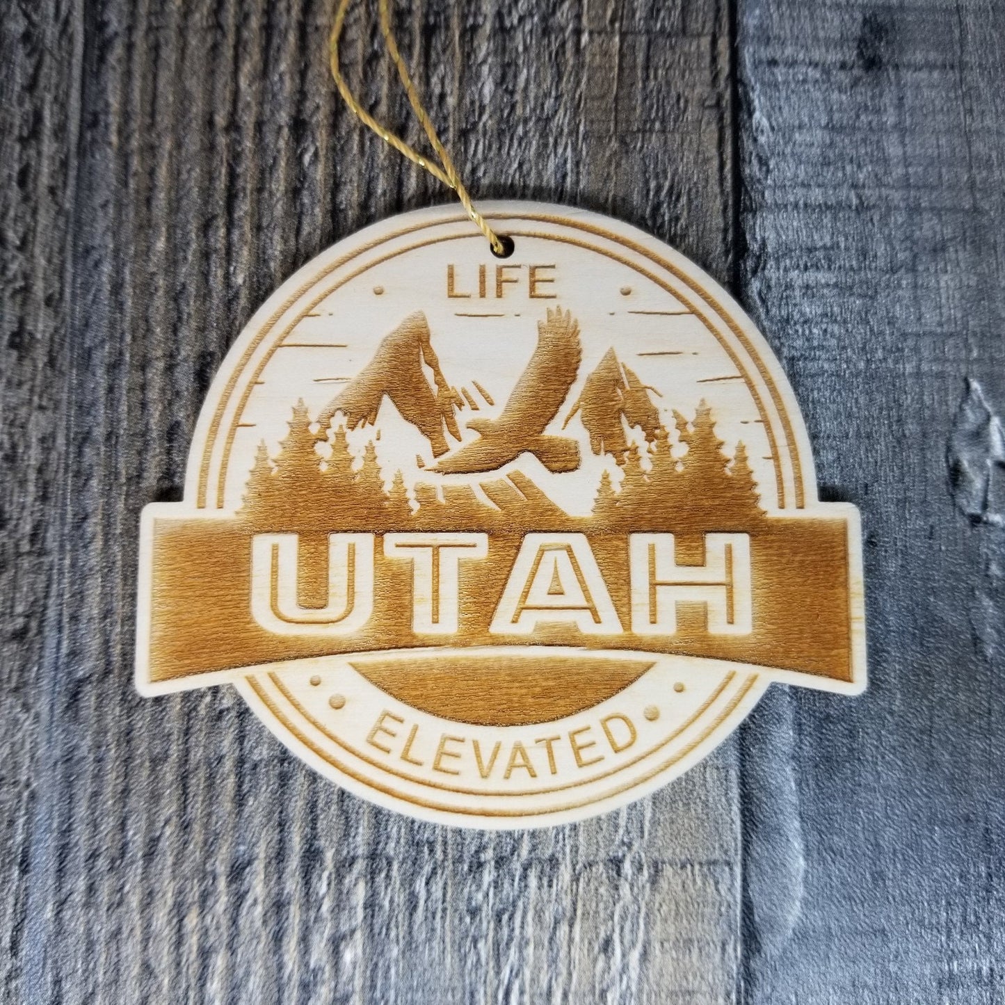 Utah Wood Ornament - UT Life Elevated - Eagle Flying Mountains and Trees Handmade Made in USA Christmas Decor Travel Gift Souvenir - 15444