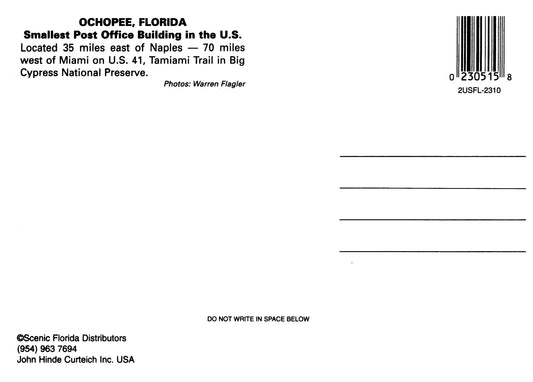Vintage Florida Postcard 4x6 Fort Ochopee FL 1990s Ochopee Post Office Collier County Scenic Florida Distributors