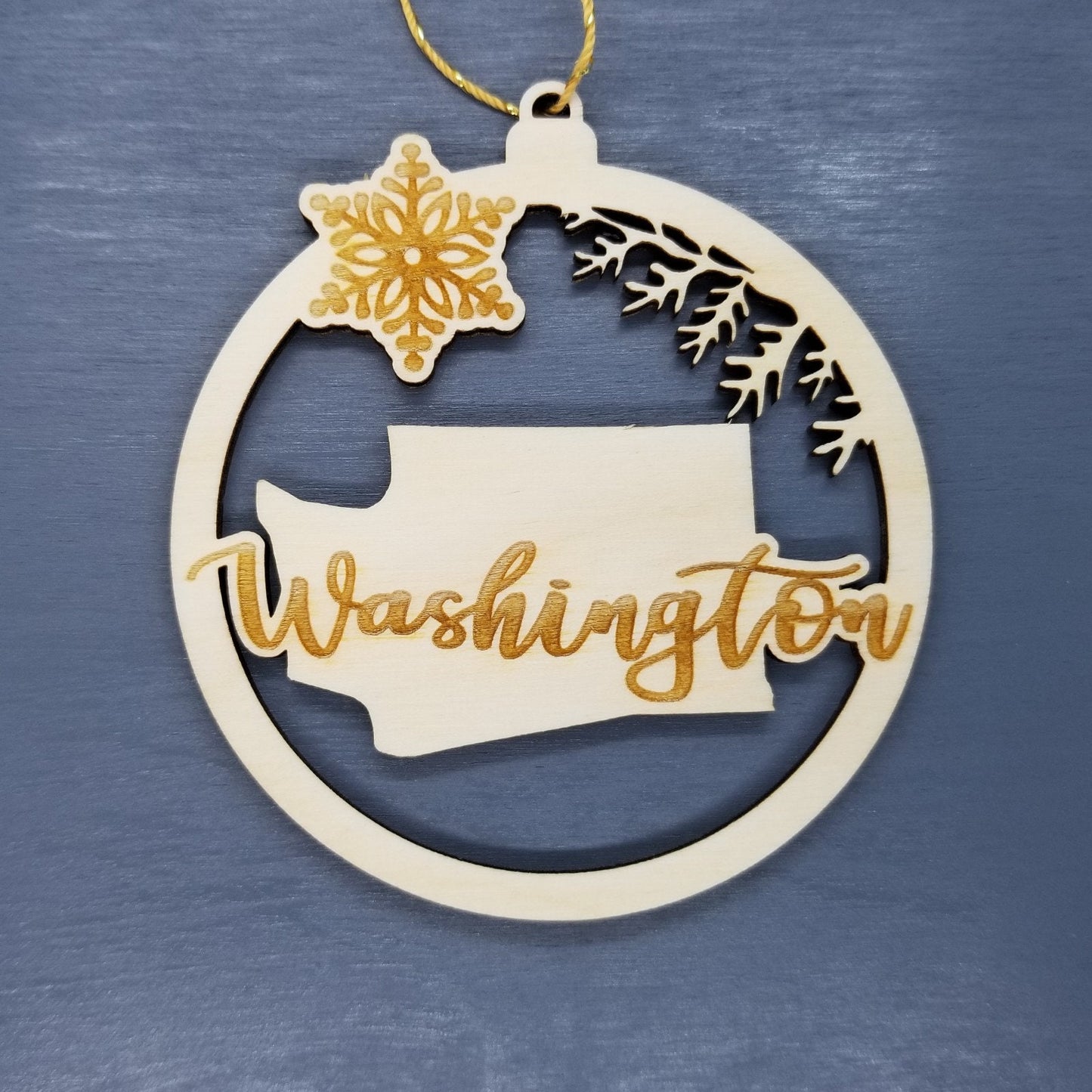 Washington Wood Ornament - WA State Shape with Snowflakes Cutout - Handmade Made in USA Christmas Decor