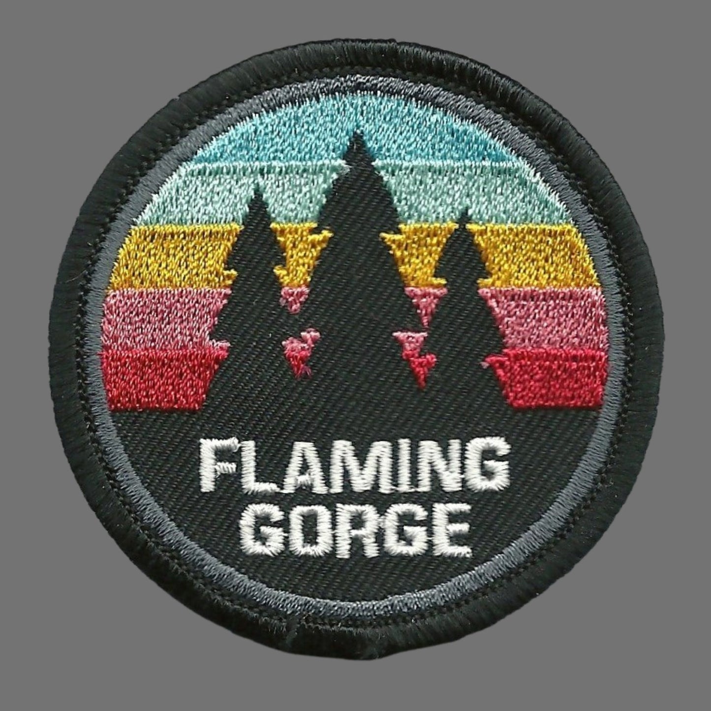 Flaming Gorge – Utah Patch – Wyoming Patch WY UT Souvenir – Travel Patch – Iron On – Applique 2.5" Circle Trees Colored Retro Stripes