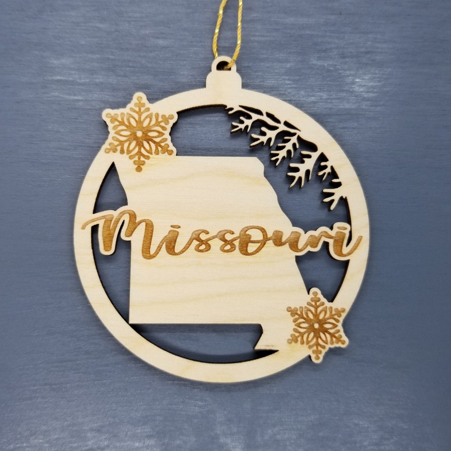 Missouri Wood Ornament - MO State Shape with Snowflakes Cutout - Handmade Souvenir - 15402