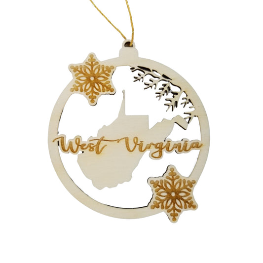 West Virginia Wood Ornament - WV State Shape with Snowflakes Cutout - Handmade Souvenir - 15381
