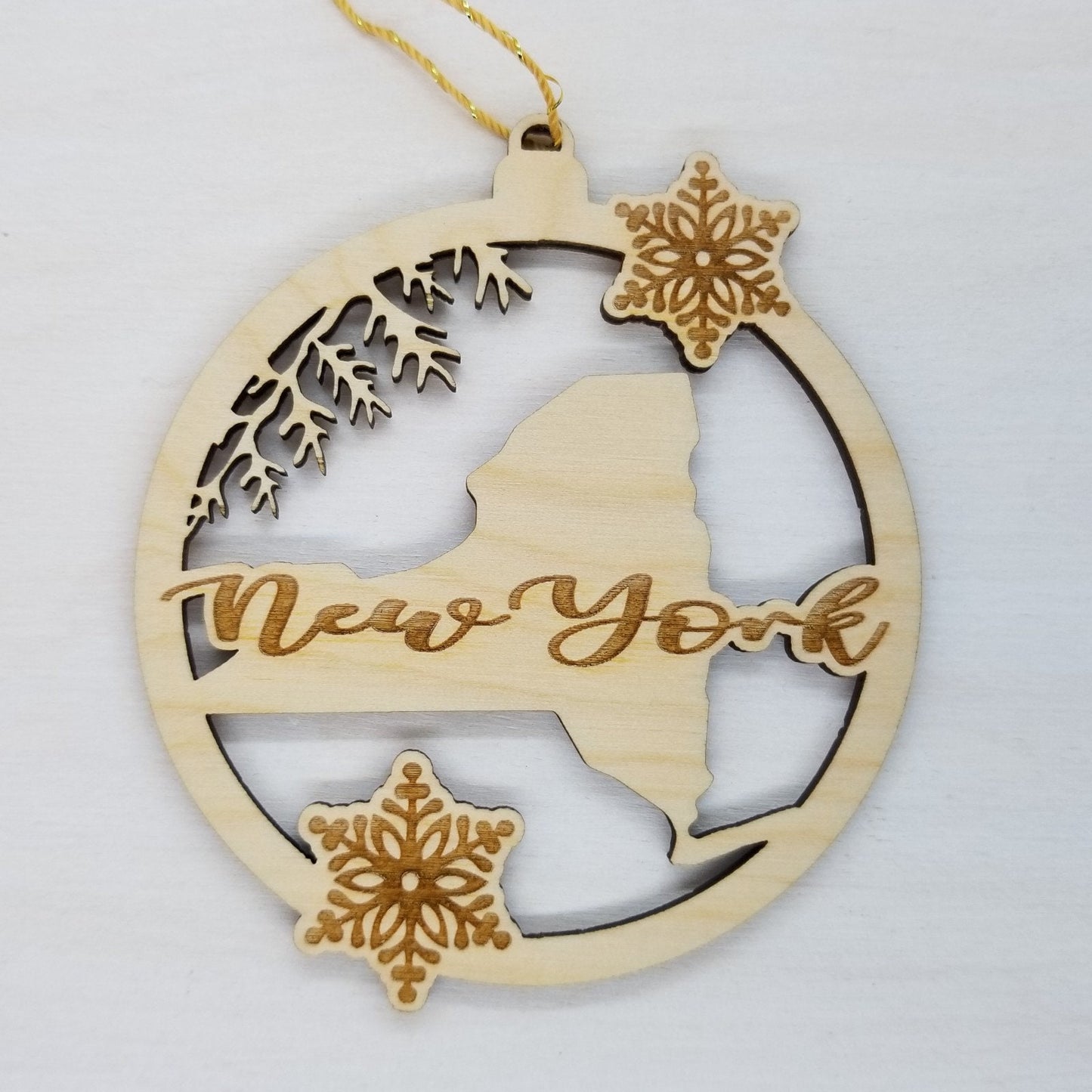 New York Wood Ornament - NY State Shape with Snowflakes Cutout - Souvenir - 15382