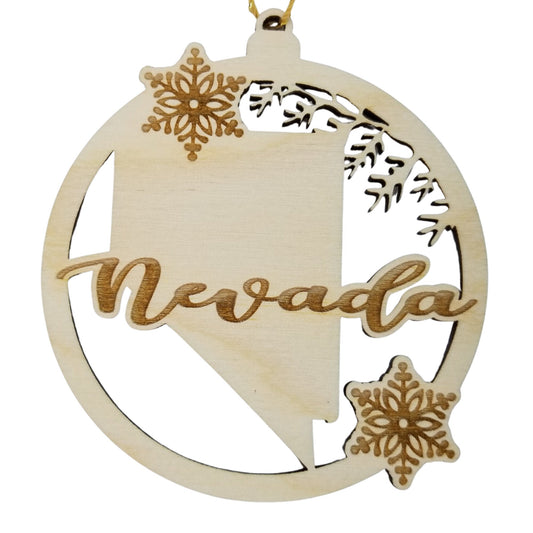 Nevada Wood Ornament - NV State Shape with Snowflakes Cutout - Handmade Wood Ornament Made in USA Christmas Decor